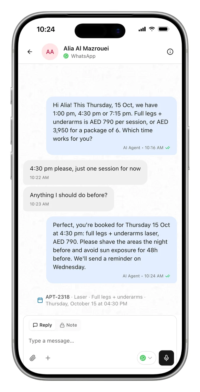 Clinic booking conversation on WhatsApp