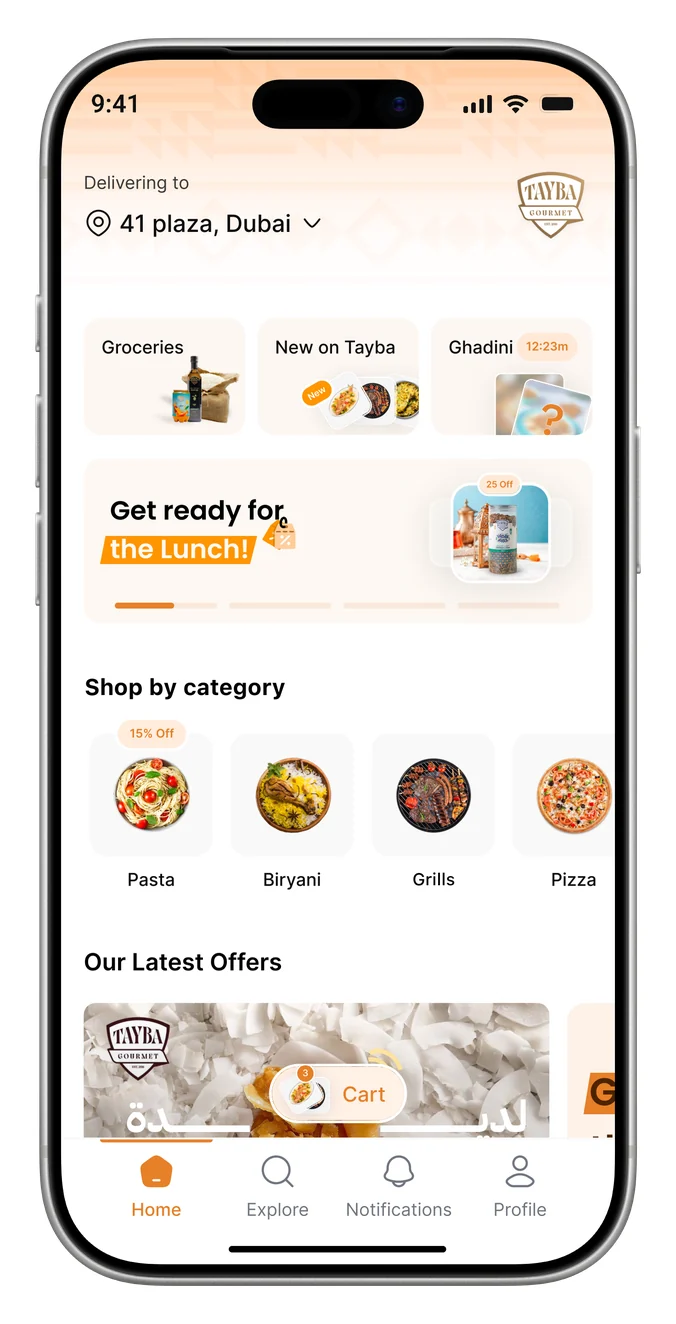 Tayba Gourmet food ordering app on a phone